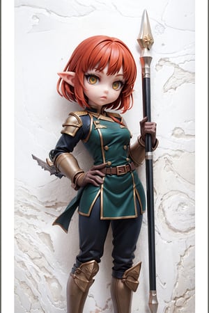 elven warrior, 1girl, adult elf, ((amber eyes)), (red hair, ginger hair), (short hair), (military paladin (armor)), (navy blue mantle), skirt, protective, disciplined, pale skin with freckles, 158cm tall, (small to medium breasts, toned waist, wide hips), long pointy elven ears, military leader, guard officer, palace hallway, tall windows, heroic pose, ultrasharp, masterpiece, chibi,valmet