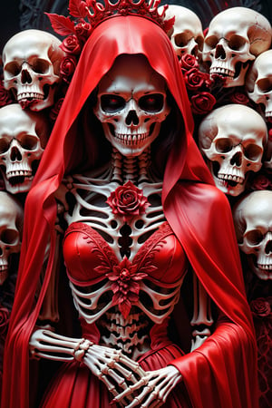 Close-up of a bunch of skulls in red hoods, Skeleton King,Beautiful bride in the middle, eerie highly detailed, Omen of bones, eerie art style, Red, Rivers of blood flow,Bloody +Red liquid+ conceptual art
