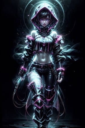 1girl, solo, short hair, simple background, black hair, navel, bare shoulders, jewelry, standing, full body, barefoot, midriff, pants, grey background, armor, bandages, gauntlets, clenched hands, 
hood,sexy,style,orange lineart,NeonST2,black background,best quality