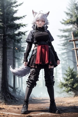 [(full body), (8K image), (ultra quality image), (ultra detailed image), (perfect body), (super detailed)], demi-human woman, wolf ears, wolf tail, wild, in the middle of the forest, gray fur, red eyes, gray waist-length hair, claws, hunting, fangs showing, attack stance,medieval style, rustic clothes,
,GladysManityro,DonMW15p