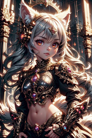 kitsune female  little child, little girl, delicate physique, soft white fur, partial silver mask, gold eyes, intricate and ornate garments, cyberpunk, little child, little child, little body, little body, little body, bellybutton full body view, tits, (Chibi), Lolita, (Chibi) Cute girl,4 year old, silver hair, twintails,(simple background),StneRm