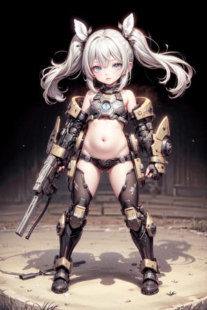 beautiful little girl, power armor, belly button, open shoulders, (power knuckles), the perfect body, hair, full body view,best quality