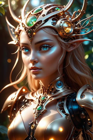 Mechanical elves,fansty world,Mysterious light,Human-machine symbiosis,The beauty of technology,Macro lens,The morning light shines,Digital art,Unique creativity,Unreal engine,the visual stunning shock。
