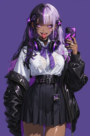 cartoon character with a black belt around a waist holding a phone, 1girl, dark-skinned female, multicolored hair, dark skin, purple hair, hair ornament, solo, purple eyes, skirt, tongue out, tongue, headphones, black nails