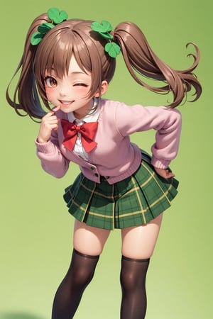 1girl, solo, smile, skirt, brown hair, bow, twintails, brown eyes, hair bow, one eye closed, socks, star \(symbol\), hand on hip, kneehighs, v, leaning forward, clover, v over eye, four-leaf clover


