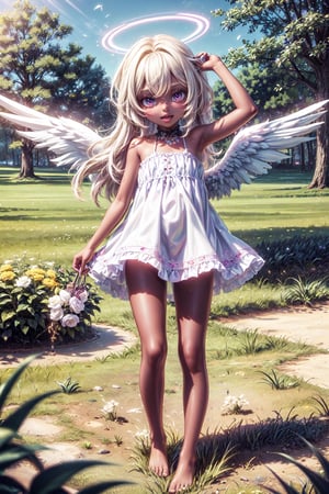 tachi-e, game cg, Highly detailed and realistic CG, Colorful, Masterpiece, Best Quality, jewel-like eyes, 1girl, solo, Blonde hair, shiny hair, long straight hair, (Sharp Focus:1.2), Thin arms, Thin legs, Angel, angel wings, white wings, cute girl, , , short body, , 7 years old, armpit, white clothes, yellow halo, summer, outdoors, grassland, active, smile, smug, open mouth, bare foot, dark skin, standing, ,blad4
