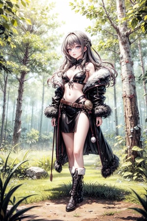 beautiful girl, solo, fur armor, full body view, open navel, open shoulders, forest, light, grass,