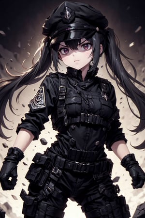 masterpiece, best quality, 1girl, roze, grey hair, red eyes, low twintails, long hair, black military uniform, peaked cap, gloves, angry,
