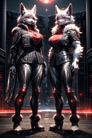 High detailed , 2 female standing side by side , uniform , muscled , futuristic ,fantasy00d,vamptech , red moon , city ,furry