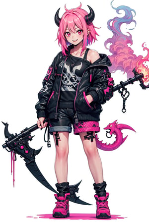 1girl, solo, looking at viewer, smile, short hair, simple background, shirt, red eyes, white background, holding, standing, jacket, tail, full body, weapon, pink hair, multicolored hair, boots, horns, shorts, teeth, off shoulder, holding weapon, colored skin, sharp teeth, monster girl, clothes writing, tentacles, smoke, colored sclera, scythe, holding scythe,






