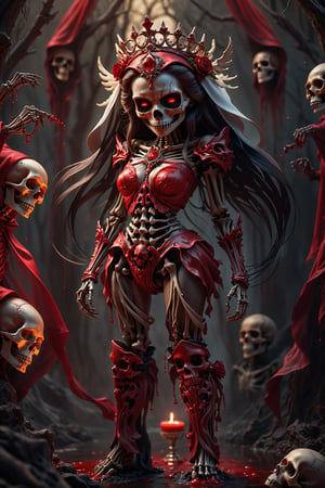 Close-up of a bunch of skulls in red hoods, Skeleton King,Beautiful bride in the middle, eerie highly detailed, Omen of bones, eerie art style, Red, Rivers of blood flow,Bloody +Red liquid+ conceptual art
