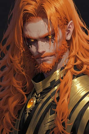 an illustration of a bearded red head with long hair and a golden costume, male focus, 1boy, solo, colored sclera, reference inset, facial hair, yellow eyes, long hair, beard, black sclera, white background, orange hair, simple background