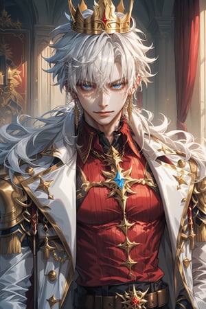 An animated portrait of a man in a white coat with gold trim and a gold crown on his head. The man has white hair and blue eyes. His coat is adorned with a gold belt, a red shirt, and a brown belt with a blue stone in the center. The background is dark, and there is a red curtain on either side of the man.


