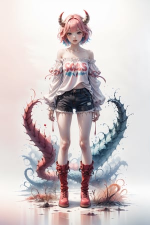 1girl, solo, looking at viewer, smile, short hair, simple background, shirt, red eyes, white background, standing, full body, pink hair, multicolored hair, boots, horns, shorts, teeth, off shoulder, colored skin, sharp teeth, monster girl, clothes writing,
,AIDA_LoRA_AnC