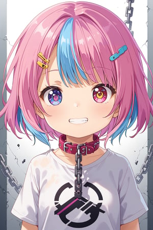 1girl, solo, looking at viewer, smile, short hair, shirt, hair ornament, blue hair, purple eyes, yellow eyes, white shirt, upper body, pink hair, purple hair, multicolored hair, hairclip, pink eyes, grin, collar, chain, heterochromia, android, broken, mechanical parts, broken chain


