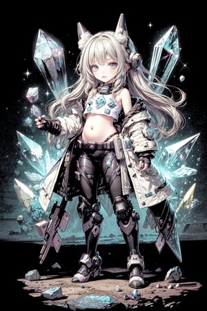 beautiful little girl, (crystal power armor), belly button, open shoulders, (power knuckles), the perfect body, , crystal hair, full body view,best quality