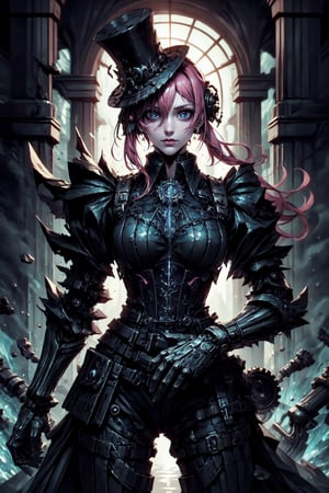 ((Masterpiece, Highest quality)), Detailed face, Beautiful face, Beautiful eyes, full bodyesbian, Full of details, working on workshop, mamking a weapon, Highly detailed, Depth, Many parts,Beautiful girl with pink hair,with hair dishevelled,long pink hair,Sick,White pupils,The legs are very thin,The legs are long, blue eyelashes, steampunk, steampunk fashion, corset, waitscoat, high-collared blouse, top hat with mechanical gears, brass accents, leather accesories ,Tall and tall,Thin, 8k, ultrarealistik, oficial art, Glamour, glimmer, shadowy, oil on canevas, brushstrokes, Smooth, Ultra high definition, 8K, unreal enginee 5, Ultra Sharp Focus,, ArtGerm, Roisch, nffsw, intricate artwork masterpieces, sinister, matte painting movie poster, Golden ratio, Trending on CGSociety, Convoluted, epicd, Trending on ArtStation, Highly detailed, Vibrant, production cinematic character render, Ultra high quality model
