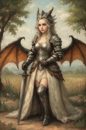 masterpiece, best quality,aesthetic,a lovely woman,white long hair,knight,bikini armored,Thigh-level perspective,headpiece,(dragon:1.4),dragon wings,princess,retro artstyle,medieval,illustration,Parchment style,Nepeta_grass,color drain,canvas background,amber eyes,slit pupils,oil painting