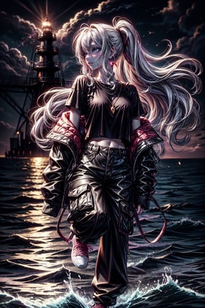  little girl,grey blonde hair(very long hair, curly_hair),long ponytail,hiphop dancer,wearing all black clothes (loose fit top and wide cargo pants),sneakers,accessories(necklace,ear_rings), standing in the sea,horizon,seaside,vivid sea color,red lighthouse,sunset,Best Quality, 32k, photorealistic, ultra-detailed, finely detailed, high resolution, perfect dynamic composition,  