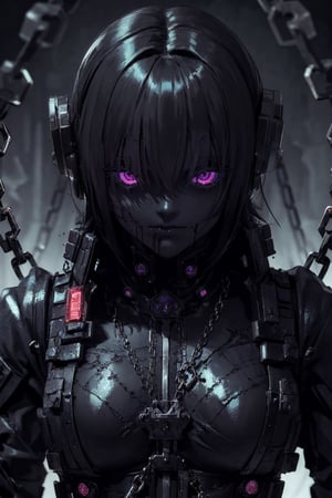 ((horror girl)), ((dark)), (blood power armor), ((lots of chains)), close-up
