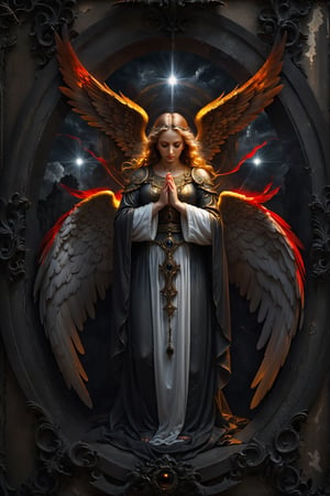 tmasterpiece,Portrait of an angel in prayer,Evil countenance,Three eyes,eye closeds,Black and white wings,A frame eroded by darkness and light
