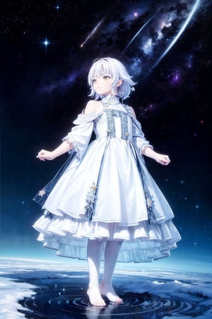 (silver, glimmer)), contrast, phenomenal aesthetic, best quality, sumptuous artwork, (masterpiece), (best quality), (ultra-detailed), (((illustration))), ((an extremely delicate and beautiful)), (detailed light), cold theme, broken glass, broken wall, ((an array of stars)), ((starry sky)), the Milky Way, star, Reflecting the starry water surface,(1girl:1.3), awhite hair, blinking, white dress, closed mouth, constel lation, flat color, white hair, braid, blinking, white robe, barefoot, float, flat color, looking up, standing, medium hair, standing, solo, space, universe, Nebula, many stars, fanxing
,GladysManityro,DonMW15p