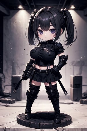 little girl, police uniform, (full body view), skirt, vest, ((black)), bellybutton, (((armor))), ((stockings with suspenders)), ((huge breasts)), Lolita, (Chibi) Cute girl,4 year old, Chibi
