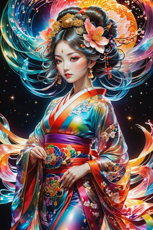 ultra Realistic,Extreme Detailed,beautiful Prism light,stardust,rainbow-colored light, Glass made ultra Detailed transparent oiran Girl,ultra transparent,wearing luxury high-tech kimono,walk, dancing oiran
