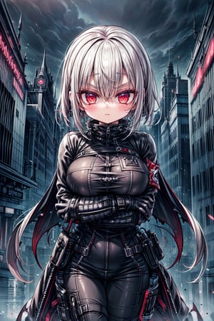 High detailed ,1 female, uniform , muscular, futuristic ,fantasy00d, vamptech, city, cowboy shot , crossed arms, full body view, sex, half - side, big boobs,techwear jacket,black gloves,tactical ve