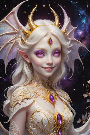 (full body),(long intricate horns:1.2) ,albino demon girl with enchantingly beautiful, alabaster skin, (albino bat wings),hides body with wings,smile of compassion, A benevolent smile,girl has Beautiful red eyes,soft expression,Depth and Dimension in the Pupils, white eyelashes, Her porcelain-like white skin reflects an almost celestial glow, highlighting her ethereal nature,Every detail of her divine (purple lace) costume is meticulously crafted, adorned with jewels that sparkle with a divine radiance,purple gemstone, Capture the subtle intricacies of the lacework, emphasizing the delicate patterns that complement her unearthly features. From the curve of her horns to the flowing elegance of her dress, every aspect contributes to an aura of supernatural allure. The jewels, carefully placed, create a mesmerizing dance of light that enhances her divine presence, Consider the composition to portray her in a setting that complements her celestial beauty, whether it's a moonlit garden or a mystical realm, Illuminate the scene with soft, enchanting light to accentuate the magical and mysterious atmosphere,The overall goal is to evoke a sense of wonder and captivation, celebrating the unique and transcendent beauty of this albino demon girl, ,goth person,furry,hathordef
