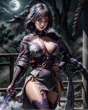 (masterpiece, best quality:1.2), 3d rendering, absurdres, highres, extremely detailed, 1 girl preparing for a fierce brutal battle, battle stance (holding one sword made of light on each hand), (preparing to battle), (muscular:1.7), ((purple lightning swords, purple glowing swords)), (fighting stance, hands touching hips), sexy, cute, long hair, bodystocking, choker, tight attire, ((eye highlights, lightning eyes, glowing eyes)), (lightning aura around girl), (big breast:1.4), huge hips, small waist, long legs, outdoors, flowers falling, lightning aura around character, small tight purple armor, fluttering petals, spectacular abs, wet, dripping sweaty, broad shoulders and hips, full body shot, (moon:1.2), at night, depth of field, (:d:0.8), garden of the sun, shiny, Purple tint, (Purple fog:1.3), raidenshogundef