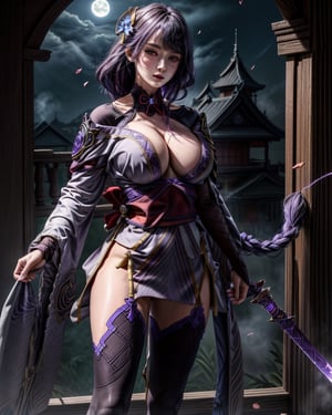 (masterpiece, best quality:1.2), 3d rendering, absurdres, highres, extremely detailed, 1 girl assuming battle stance (holding one sword made of lightning on each hand), (preparing to battle), (muscular:1.7), ((purple lightning swords, purple glowing swords)), (fighting stance, hands touching hips), sexy, cute, long hair, bodystocking, choker, tight attire, ((eye highlights, lightning eyes, glowing eyes)), (lightning aura around girl), (big breast:1.4), huge hips, small waist, long legs, outdoors, flowers falling, lightning aura around character, fluttering petals, spectacular abs, wet, dripping sweaty, broad shoulders and hips, full body shot, (moon:1.2), at night, depth of field, (:d:0.8), garden of the sun, shiny, Purple tint, (Purple fog:1.3), raidenshogundef