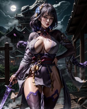 (masterpiece, best quality:1.2), 3d rendering, absurdres, highres, extremely detailed, 1 girl preparing for a fierce brutal battle, battle stance (holding one sword made of light on each hand), (preparing to battle), (muscular:1.7), ((purple lightning swords, purple glowing swords)), (fighting stance, hands touching hips), sexy, cute, long hair, bodystocking, choker, tight attire, ((eye highlights, lightning eyes, glowing eyes)), (lightning aura around girl), (big breast:1.4), huge hips, small waist, long legs, outdoors, flowers falling, lightning aura around character, small tight purple armor, fluttering petals, spectacular abs, wet, dripping sweaty, broad shoulders and hips, full body shot, (moon:1.2), at night, depth of field, (:d:0.8), garden of the sun, shiny, Purple tint, (Purple fog:1.3), raidenshogundef