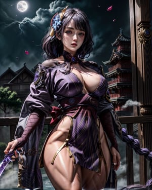 (masterpiece, best quality:1.2), 3d rendering, absurdres, highres, extremely detailed, 1 girl preparing for a fierce brutal battle, battle stance (holding one sword made of light on each hand), (preparing to battle), (muscular:1.7), ((purple lightning swords, purple glowing swords)), (fighting stance, hands touching hips), sexy, cute, long hair, bodystocking, choker, tight attire, ((eye highlights, lightning eyes, glowing eyes)), (lightning aura around girl), (big breast:1.4), huge hips, small waist, long legs, outdoors, flowers falling, lightning aura around character, small tight purple armor, fluttering petals, spectacular abs, wet, dripping sweaty, broad shoulders and hips, full body shot, (moon:1.2), at night, depth of field, (:d:0.8), garden of the sun, shiny, Purple tint, (Purple fog:1.3), raidenshogundef