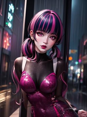 (masterpiece, , vibrant colors, super high realism, hyperealistic, high quality, 64k, uhd, extremely detailed, extremely intricate, professional) dark, lightning, rain, heavy rain, drops of water in window, bright lightning heart shaped, face tatoo, pink heart, Draculaura, 1girl, pink hair, multicolored hair, black hair,  pink eyes, prom queen, prom dress,draculaura_mh draculaura