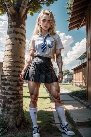 (full body view, masterpiece), best quality, 1girl very muscular (looking shy and timid), solo, long hair, ((tiny school uniform)), revealing outfit, mini black skirt, outdoors, cloud, blonde hair, big blue eyes, tight unbuttoned blue shirt, short tight sleeves, shoes, sky, tree, blue sky, bangs, blush, tight outfit, bulging muscles, sneakers, standing, grass, white footwear, cloudy sky, day, print shirt, looking at viewer