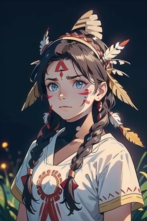 (One Native Indian girl:1.3),
(Native Indian War Bonnet:1.3),
(Native Indianのnative print, face paint:1.3),
(feathers on her head, braids:1.3),
model standing

(Best Quality, High Resolution, 8k, Masterpiece:1.2),
(cartoonish, two dimensional, cinematic lighting),
High refractive index:1.2, film grain, blurred bokeh effect