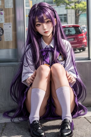 best quality,masterpiece,ultra quality,long purple hair,side bangs,mitakihara school uniform,cute girl,purple shoes,light_big_purple_eyes,UHD quality