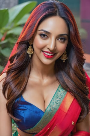 photo r3al,p3rfect boobs,korean girl Kiara advani,cleavage best quality,ultra-high res,ray tracing 1woman high detailed skin High detailed face textures,long hair straight,High detailed teeth hourglass shape thick body curvy ass red colour saree