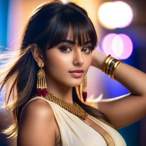 Awardwinning photo, dynamic photo of woman front bangs, 18 years old, egyptian, gold, earrings, bracelets, silk, 8k uhd, dslr, soft lighting, high quality, film grain, Fujifilm XT3, high quality photography, 3 point lighting, flash with softbox, 4k, Canon EOS R3, hdr, smooth, sharp focus, high resolution, award winning photo, 80mm, f2.8, bokeh, (Highest Quality, 4k, masterpiece, Amazing Details:1.1), film grain, Fujifilm XT3, photography, full body, big breasts, huge breasts, Indian girl.
