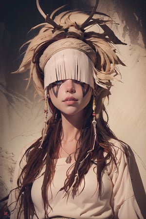 1girl,  Maria Franz,  tribal make up,  horn, portrait, ((eyes covered)), solo, looking at the camera