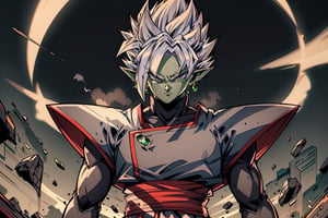fusion Zamasu, 1boy, solo, male focus, colored skin, green skin, jewelry, earrings, white hair, pointy ears, grey eyes, spiked hair, sash, super saiyan, dougi, upper body, shadow, abstract background, steam, serious