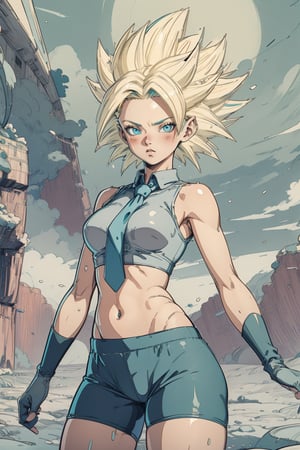 ssjcaulifla, blonde hair, aqua eyes, alternative_costume, bike shorts, sleeveless, tie, blush, female_solo, yellow aura, short hair