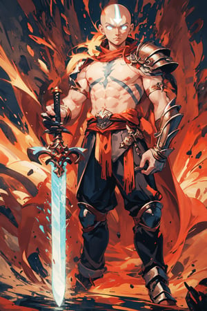 avatar, 1boy, bald, male focus, armor, muscular male, abstract art, glowing sword