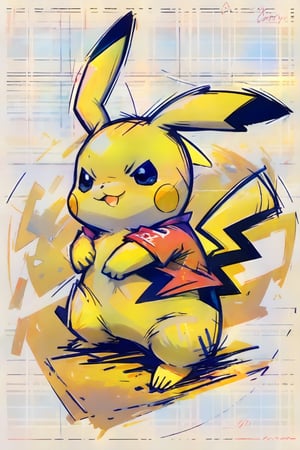 stikers_style, sketch, colorful, abstract art, ,pikachu, solo, red shirt, shirt, hat, colorful