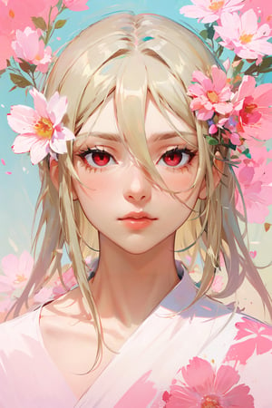 looking at viewer,  flower, hair flower, lips, bug, butterfly, portrait, pink flower, solo, face focus, aphrodite, solo, male focus, androgynous, hair between eyes, red eyes