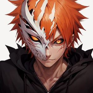 hollow mask ichigo, colored sclera, mask, black sclera, orange hair, looking at viewer, spiked hair, male focus, solo


