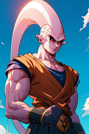 buuhan, colored skin, male focus, solo, colored sclera,glowing, ((blue sky background))
