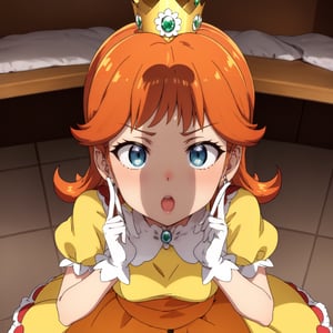 penis shadow, princess daisy, blue eyes, long hair, orange hair, crown, daisy, dress, flower, gem, gloves, orange dress, puffy short sleeves, puffy sleeves, short sleeves, white gloves, penis awe, facing_viewer, shocked, indoors