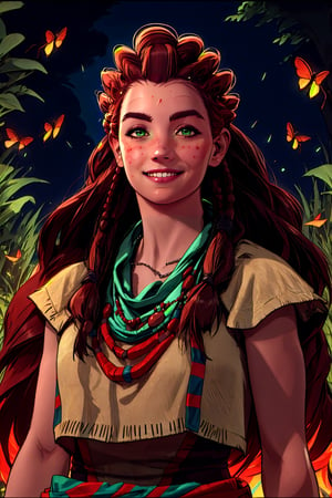 aloy,1girl, solo, red hair,long hair,green eyes,tribal,dress,necklace, smile,firefliesfireflies